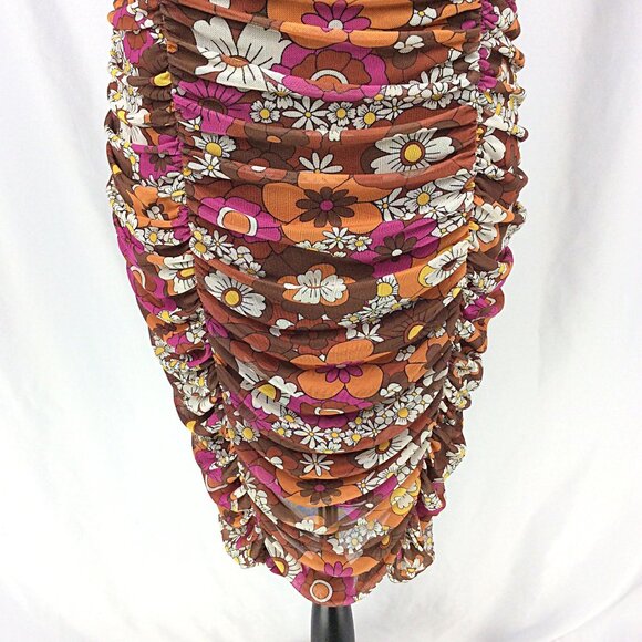 Madden NYC Juniors Ruched Dress Size XL Brown Retro 70s Floral Bodycon Sexy - Picture 8 of 11